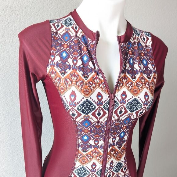 Maroon Patterned Long Sleeve Women's Swim Suit - Picture 3 of 9